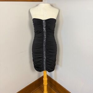 NWT Y2K Strapless Ruched Black Mini Dress S Silver‎ Sequin Bodycon Cocktail NYE
